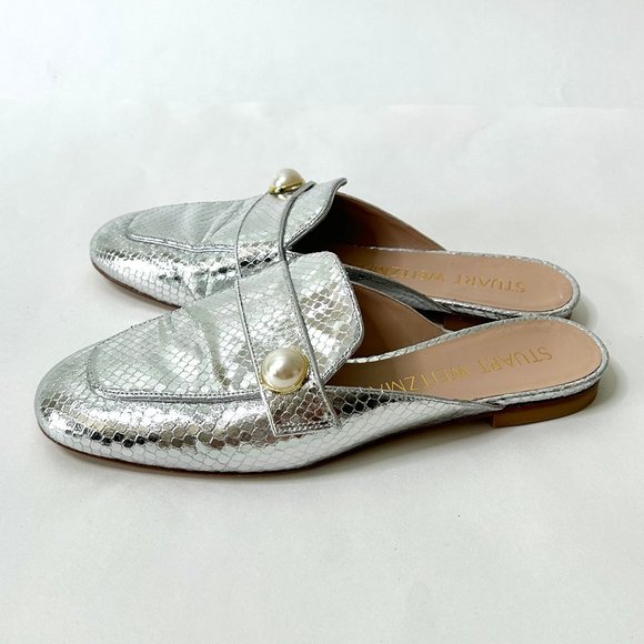 Stuart Weitzman Payson Pearl Slide Loafers in Silver Snake Size 7.5 - Picture 4 of 12